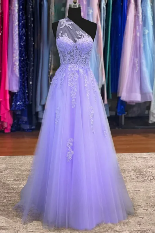 Price Drop Classy One Shoulder Lavender Appliques A-Line Tulle Prom Dress