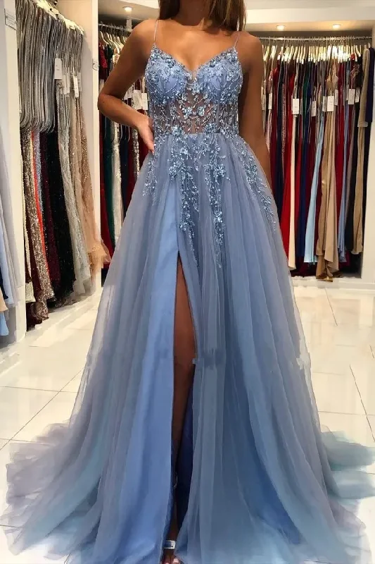 Extra Discounts Spaghetti Straps A-Line Appliques Empire-Waist Tulle Prom Dress with Slit Extra Discounts Spaghetti Straps A-Line Appliques Empire-Waist Tulle Prom Dress with Slit