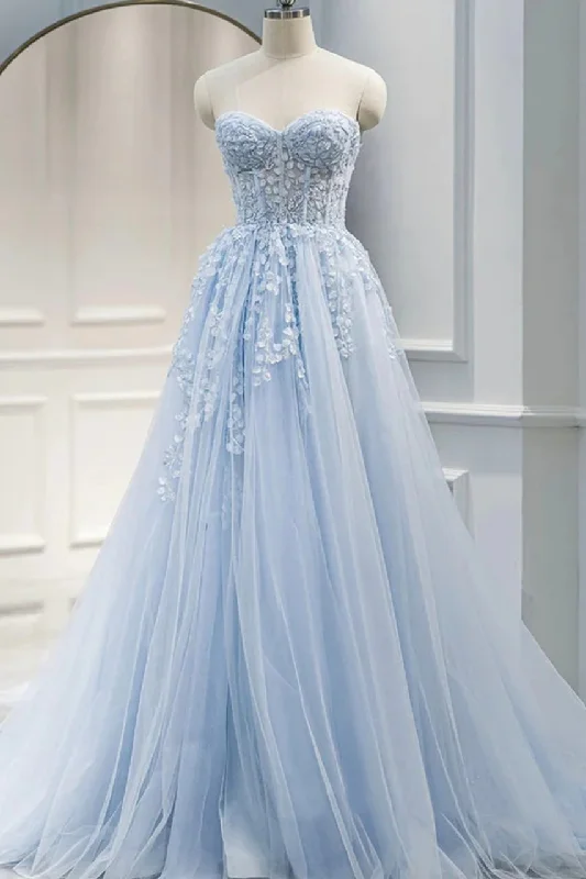 Daily Deals Light Blue Strapless A-Line Appliques Sweetheart Tulle Prom Dress