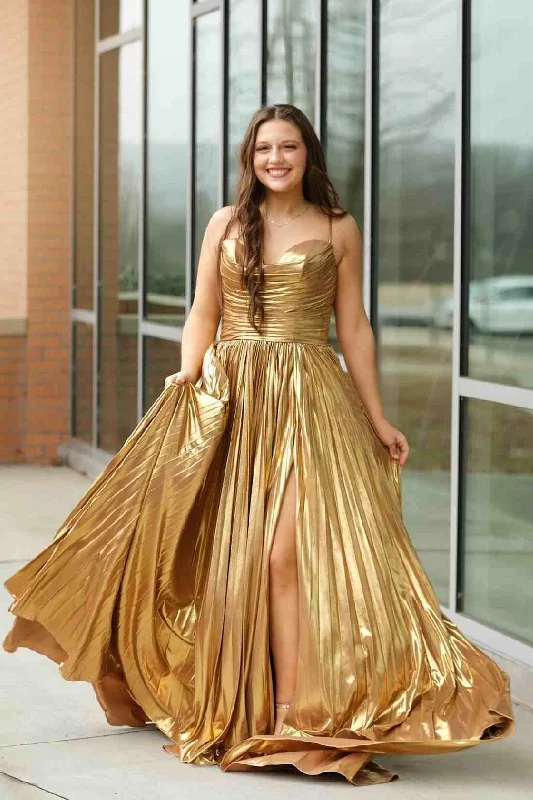 Bargain Prices Gold A-Line Spaghetti Straps Metallic Empire-Waist Pleated Long Prom Dress with Slit Bargain Prices Gold A-Line Spaghetti Straps Metallic Empire-Waist Pleated Long Prom Dress with Slit