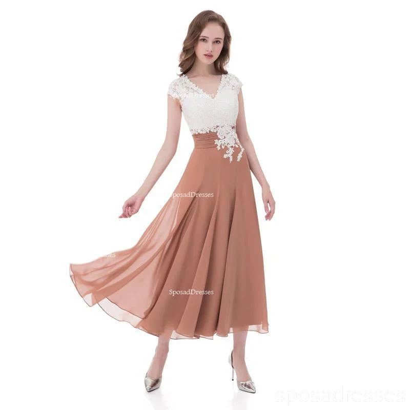 Price Cut Cap Sleeve Tea Length Lace V Neckline Custom Bridesmaid Dresses, BD117