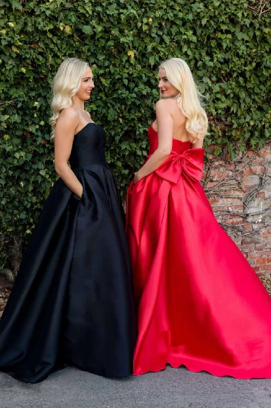 Buy Now A-Line Strapless Satin Pleated Long Formal Prom Dress with Pockets