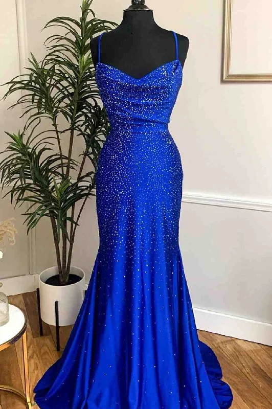 Deal Dash Royal Blue Beaded Cowl Neck Mermaid Long Prom Dress