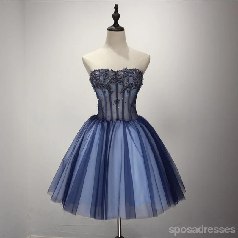 Best Deals Navy Blue See Through Homecoming Prom Dresses, Affordable Corset Back Short Party Prom Dresses, Perfect Homecoming Dresses, CM234