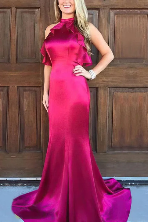 Special Savings Simple High Neck Satin Ruched Mermaid Long Prom Formal Dress