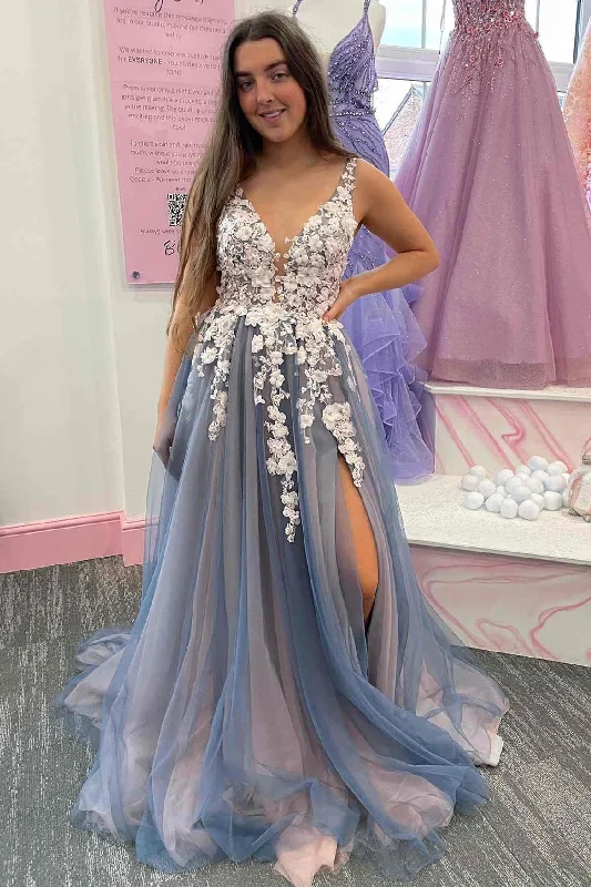 Price Break Tulle V-Neck Appliques Backless A-Line Prom Gown
