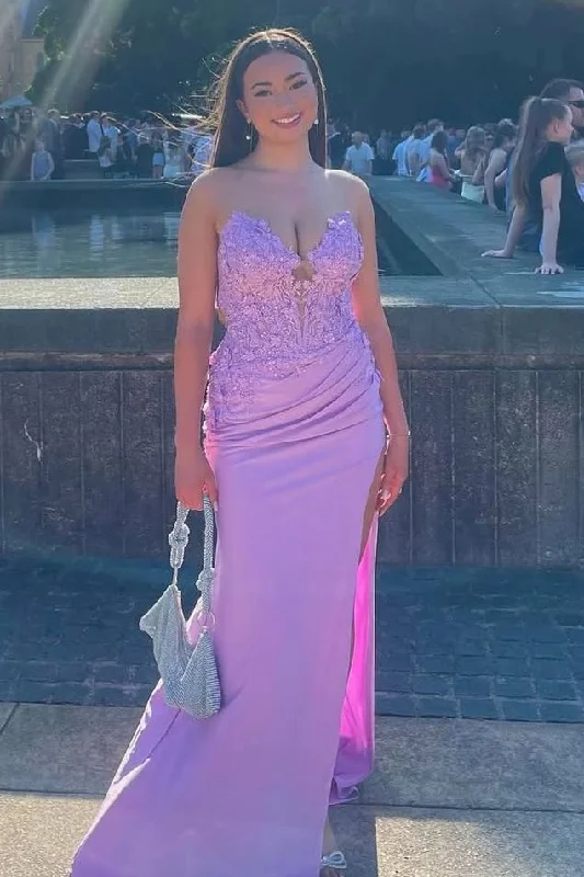 Savings Galore Strapless V-Neck Appliques Pleated Side Slit Mermaid Long Prom Dress