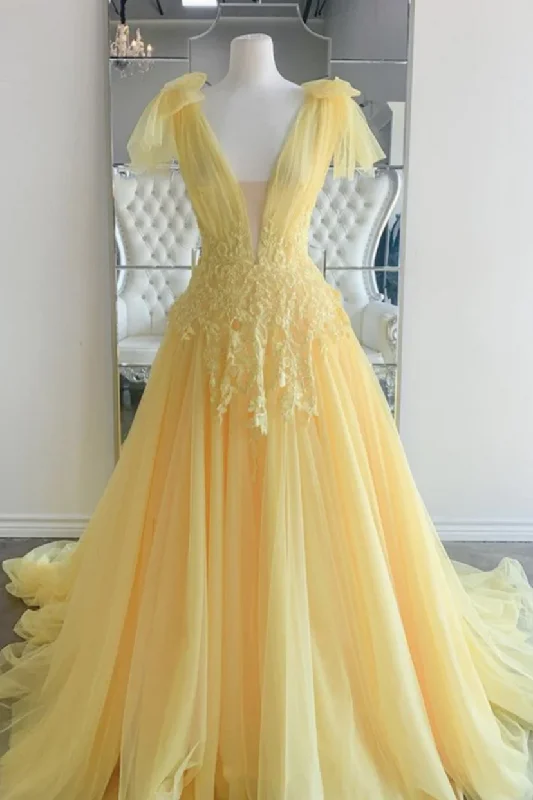 One-DAY Sale Yellow Deep V-Neck A-Line Appliques Straps Tulle Long Prom Dress