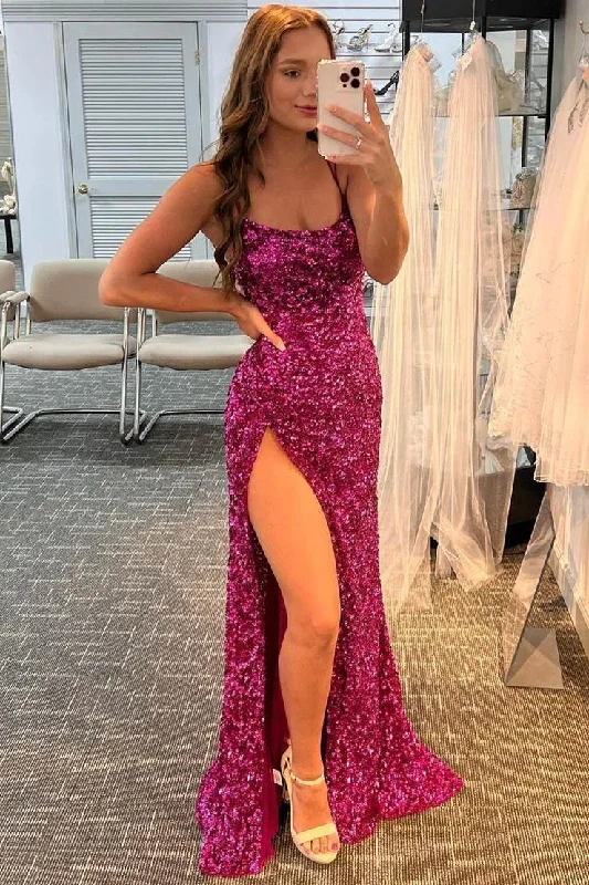 Doorbuster Deal Fuchsia Sequins Mermaid Long Formal Dress