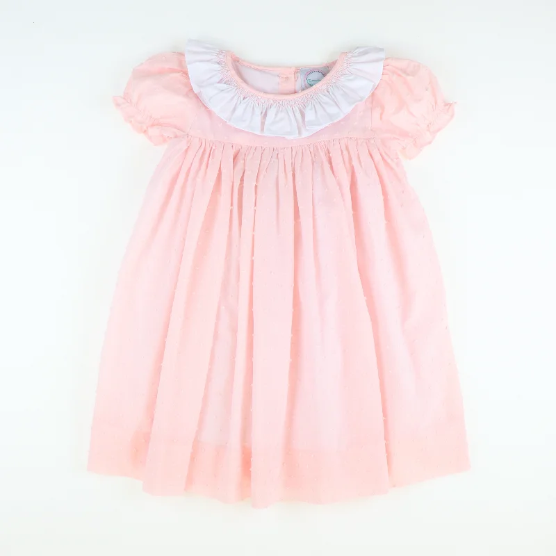 Act Fast Smocked Geo Ruffle Neck Dress - Pink Swiss Dot