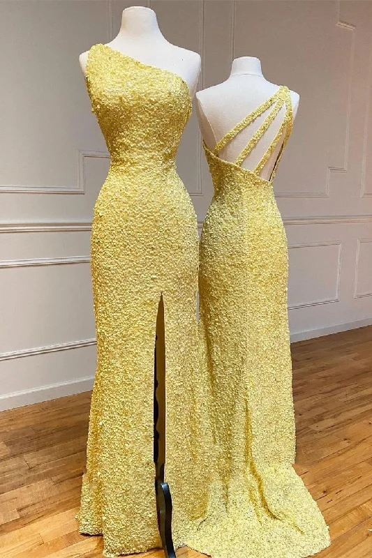Great Deals Yellow One Shoulder Mermaid Sequins Formal Dress