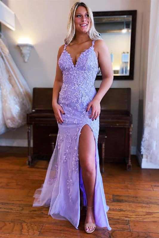 Major Savings Lavender Mermaid Lace Appliques Prom Dress with Slit