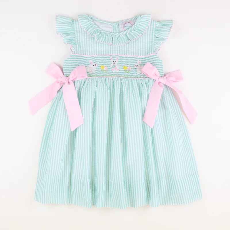 Online Specials Smocked Easter Bunnies Ruffle Neck Dress - Mint Stripe Seersucker
