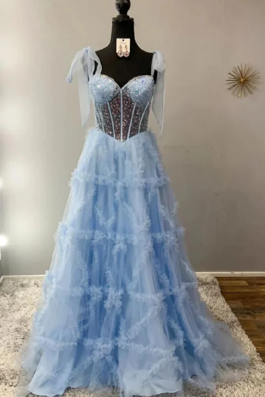 Bargain Prices Light Blue A-Line Sweetheart Ruffles Tulle Long Prom Dress with Sequins
