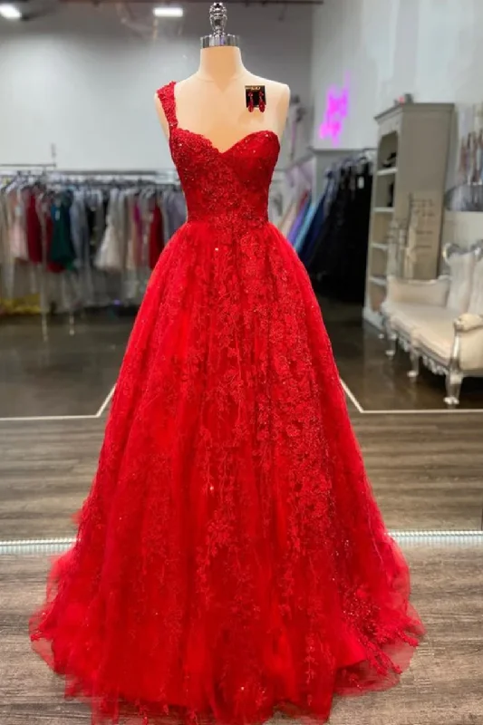 Bonus Savings Red One Shoulder A-Line Lace Appliques Empire-Waist Prom Dress