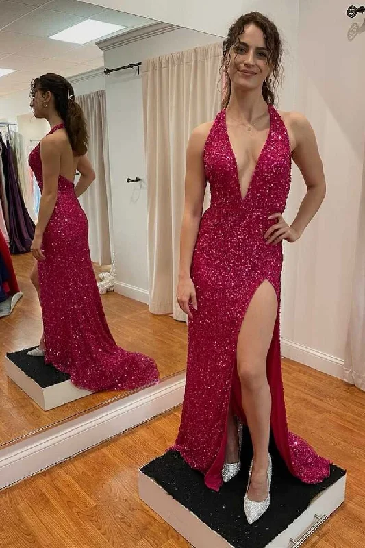 Extra Savings Red Sequin Halter Backless Long Formal Dress with Side Slit