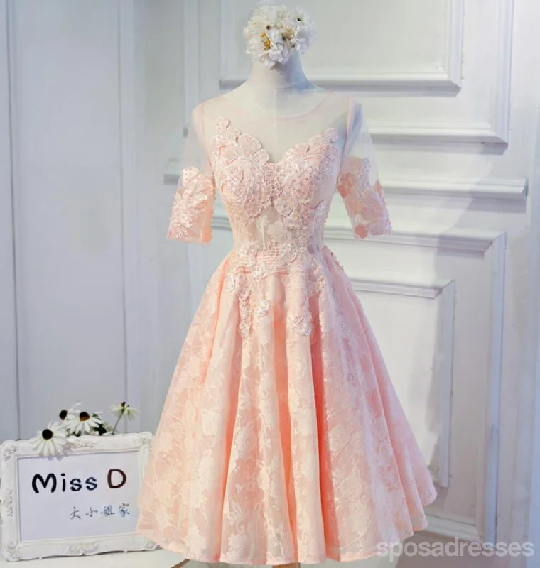 Don't Wait Short Sleeve Peach Lace Open Back Homecoming Prom Dresses, Affordable Short Party Prom Dresses, Perfect Homecoming Dresses, CM297 Don't Wait Short Sleeve Peach Lace Open Back Homecoming Prom Dresses, Affordable Short Party Prom Dresses, Perfect Homecoming Dresses, CM297