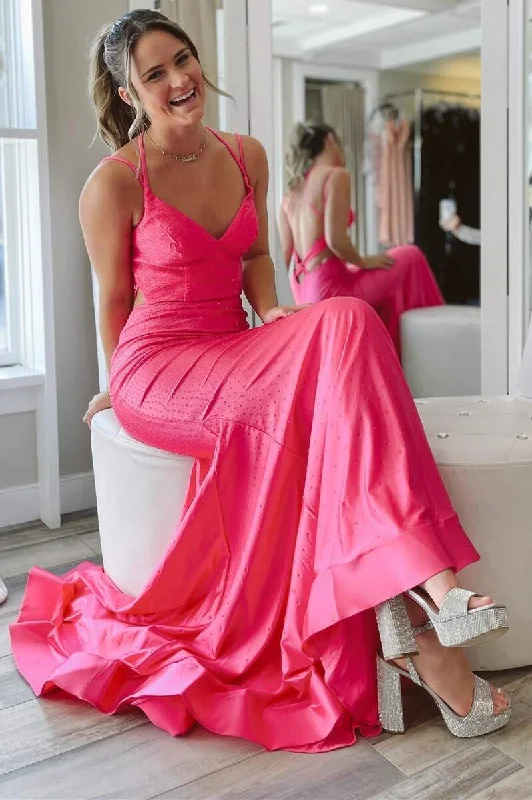 Epic Deals Hot Pink Double Straps Backless Trumpet Long Formal Dress