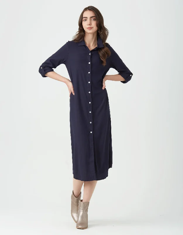 Huge Discounts Linen Button Down Dress with Tabbed Sleeves Navy