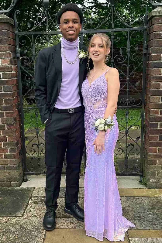 Early Access Lavender V-Neck Lace Appliques Mermaid Prom Dress with Slit