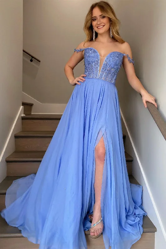 Act Fast Periwinkle Off-the-Shoulder A-line Princess Prom Gown