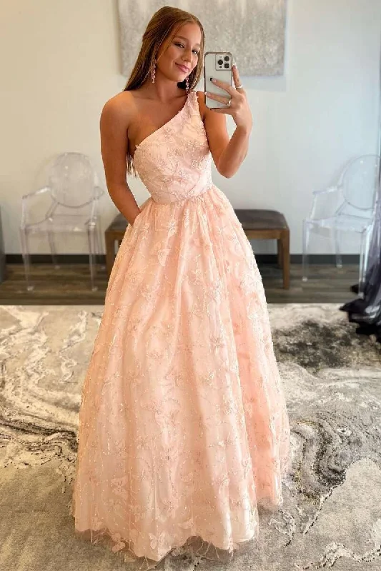 Stock Clearance 3D Butterfly Pearl Pink One-Shoulder A-Line Prom Dress