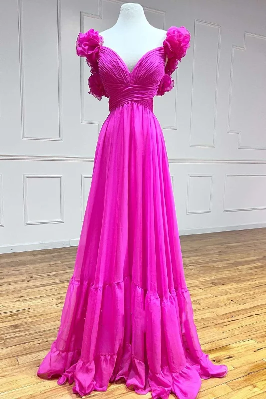 Buy Now Magenta Chiffon Lace-Up Ruffle Belted A-Line Prom Dress