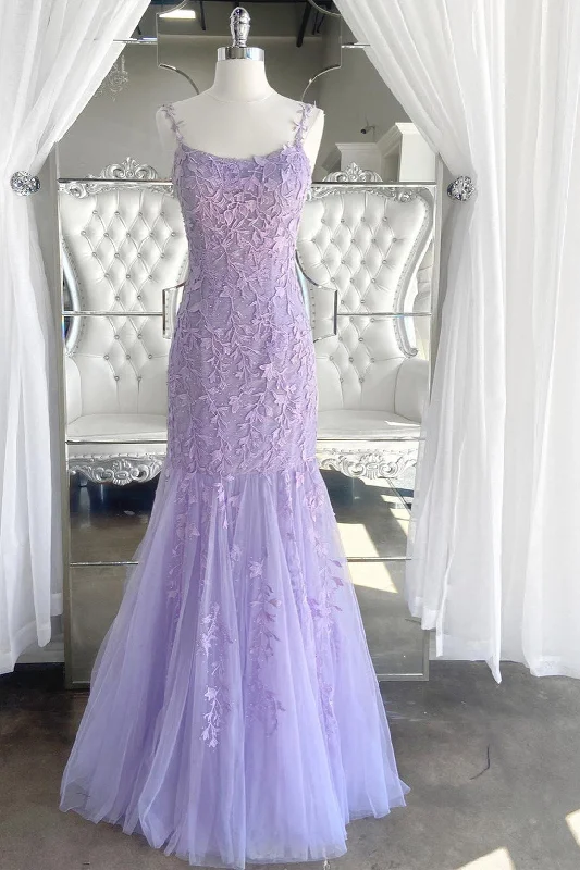 Bonus Savings Elegant Lavender Lace Applique Trumpet Long Prom Dress