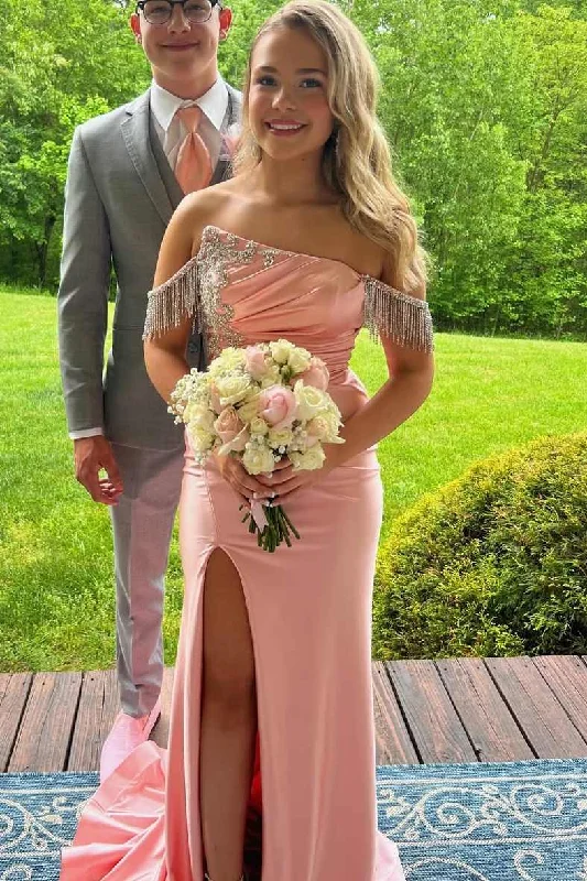 Special Offer Pink Off-Shoulder Mermaid Satin Tassels Formal Prom Dress with Slit