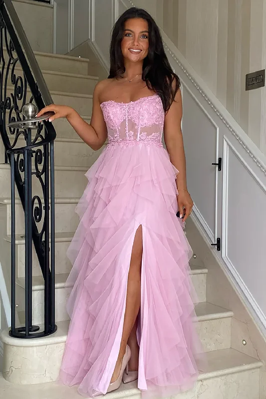 Steals and Deals A-Line Strapless Appliques Ruffles Tulle Empire-Waist Prom Dress with Slit