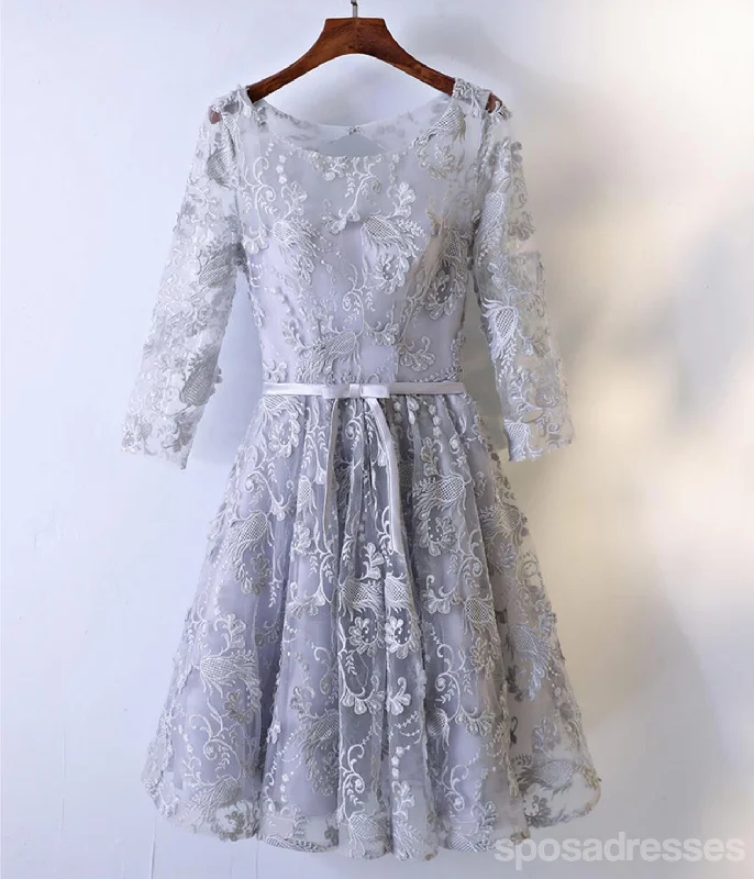 Loyalty Reward 2017 Long Sleeve Gray Lace Round Neckline Homecoming Prom Dresses, Affordable Corset Back Short Party Prom Dresses, Perfect Homecoming Dresses, CM250
