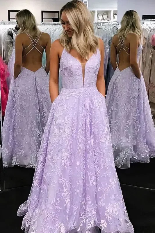 Flash Deals Lilac Spaghetti Straps V-Neck Appliques Long Prom Dress with Pockets