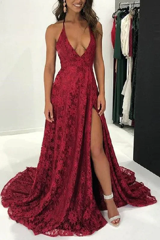 Savings Alert Burgundy Spaghetti Straps V-Neck Lace High Slit Long Prom Dress