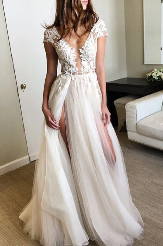 Final Markdown A-Line V-Neck Empire-Waist Appliques Tulle Long Prom Dress with Slit