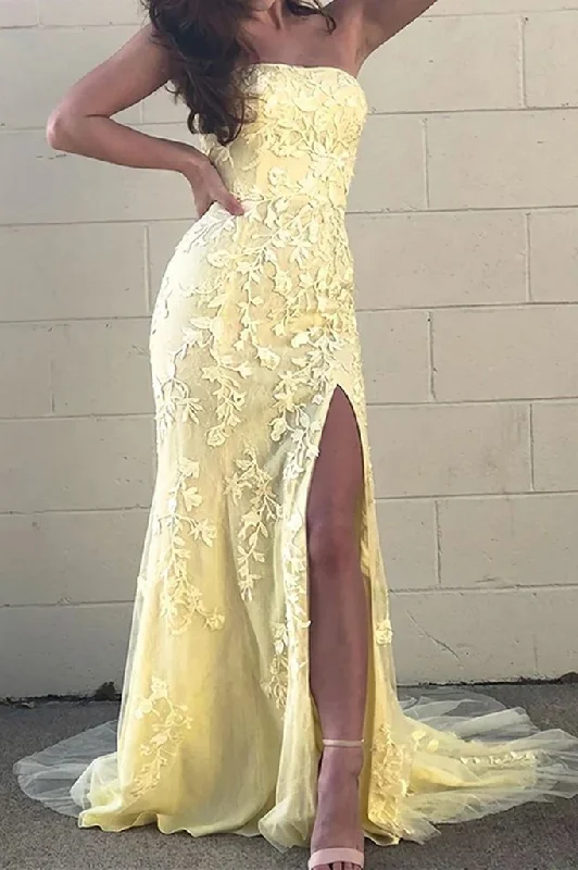 Huge Discounts Yellow Strapless Lace Appliques Side Slit Long Trumpet Prom Dress