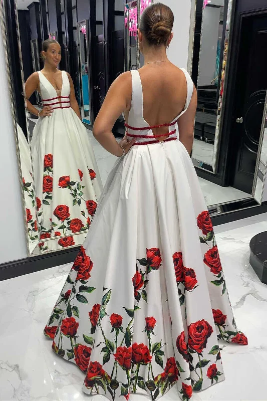 Savings Alert Rose Print Plunge V Backless A-Line Long Formal Dress