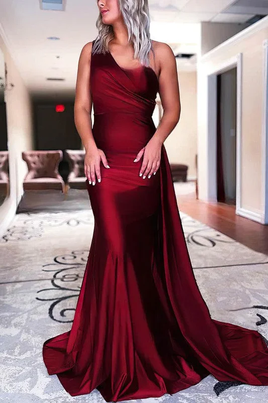 Online Specials One Shoulder Mermaid Pleated Satin Sleeveless Long Prom Formal Dress