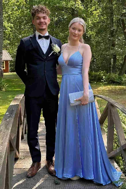 Value Deals A-Line Spaghetti Straps Satin Lace-Up Pleated Long Prom Dress