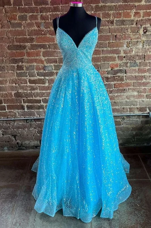 Price Reduction Blue Sequin V-Neck Pleated A-Line Prom Dress
