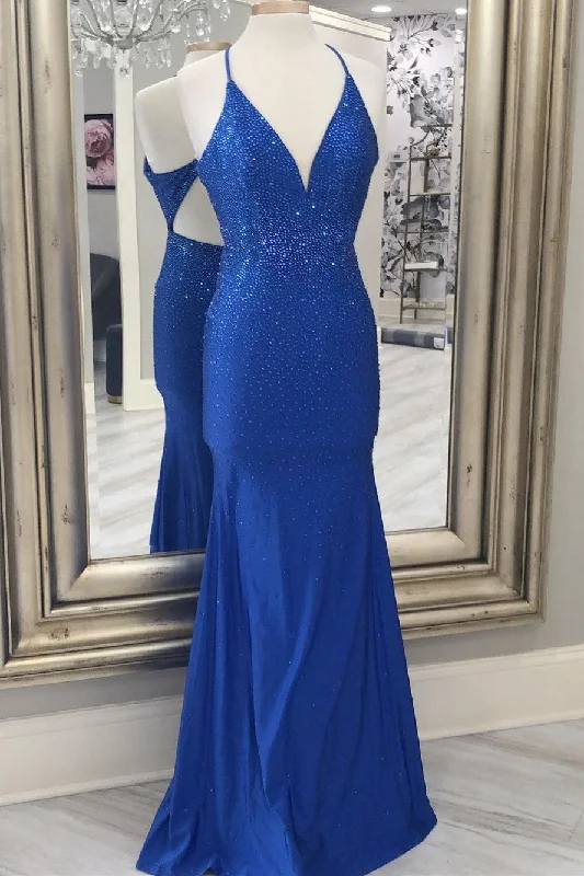 Deal of the Week Royal Blue Beaded Backless Mermaid Long Formal Dress
