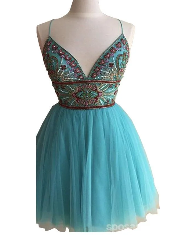 Lowest Prices Turquoise Heavily Beaded Tulle Short Homecoming Prom Dresses, Homecoming Cocktail Dresses, CM360