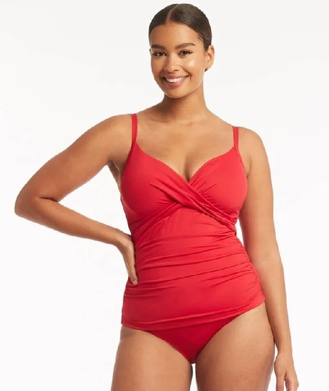 Savings Event Sea Level Eco Essentials Cross Front DD-E Cup Singlet Top - Red