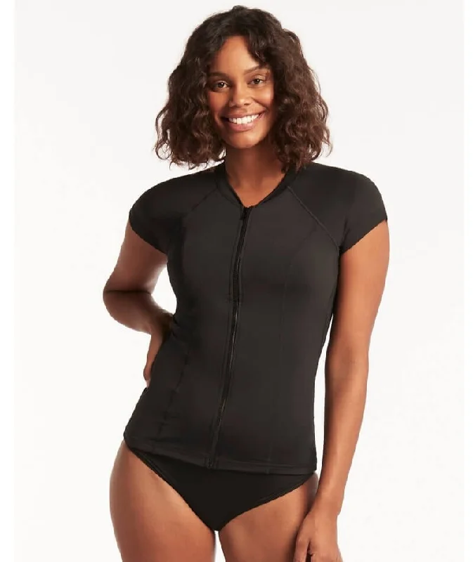 Discount Extravaganza Sea Level Eco Essentials Short Sleeved Rash Vest - Full Zipper - Black